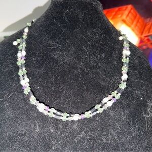 Handmade Multi-Color Beaded Necklace/choker/bracelet - Green, White & Purple